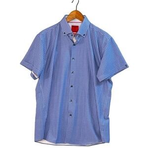 Proper Sport Shirt Dress Men Large Slim Fit Aqua Blue White Wicking Geometric